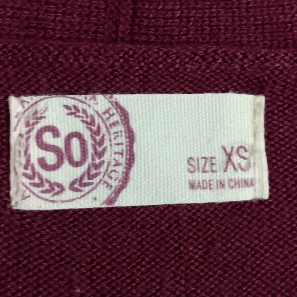 SO Open Cardigan Size XS Burgundy Long Sleeve 2 Pockets Fine Knit 70% Rayon - Picture 6 of 8